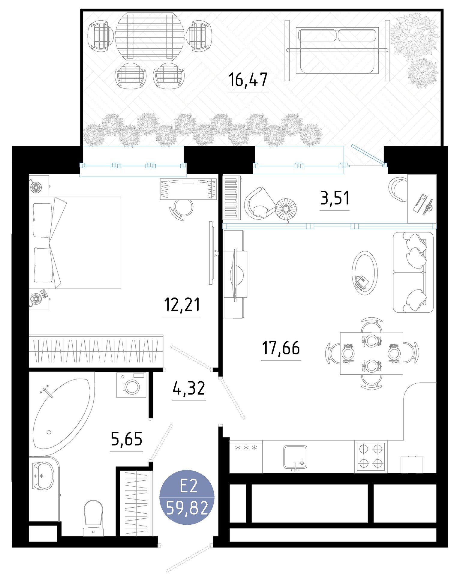 Квартира с одной спальней и гостиной 60м² (Евро-2)
